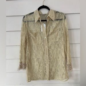 Maxou Tan Lace Button Up Shirt Sheer lace long sleeve blouse size 8